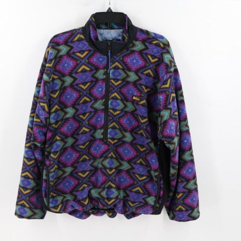 🧵Vtg REI 90s Fleece Jacket Mens Large Aztec Navajo Geometric Purple Retro Coat